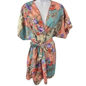 Floral Satin Kimono Robe Womens Short Tie Waist Loungewear Boho Old Money Luxe S